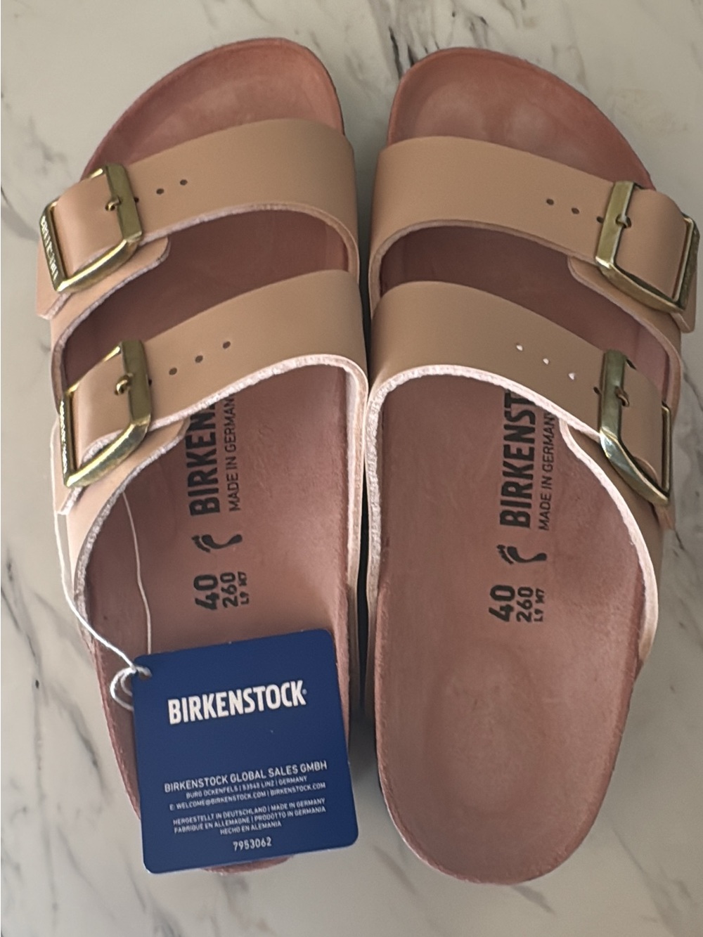Birkenstock Arizona Sandals in Nude Pink with Gold Buckles